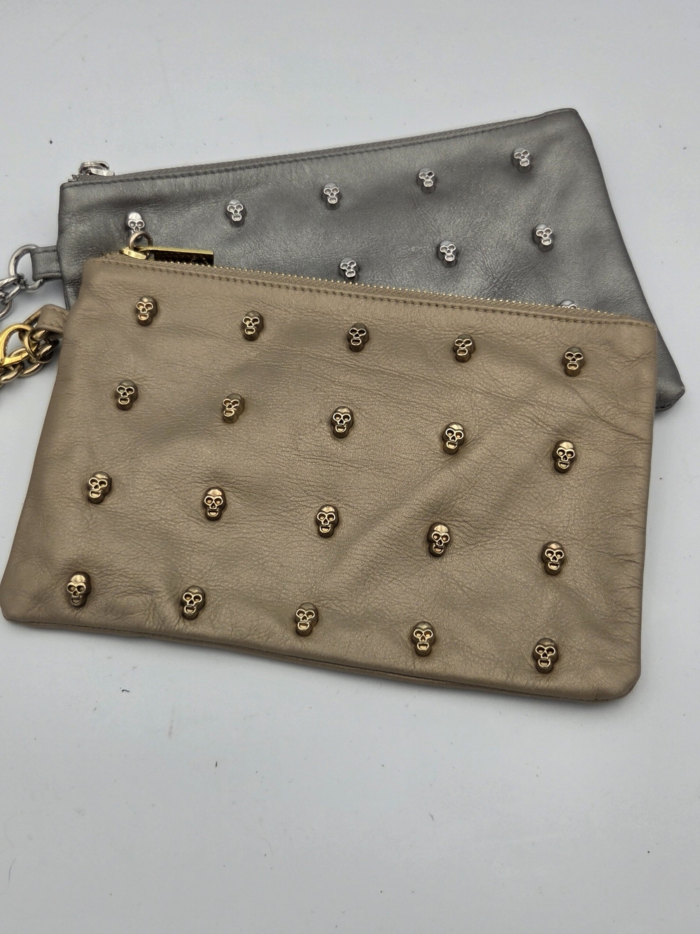 2 Carol Brodie Skull Studded Leather Wristlet Clutch in Pewter And Gold
